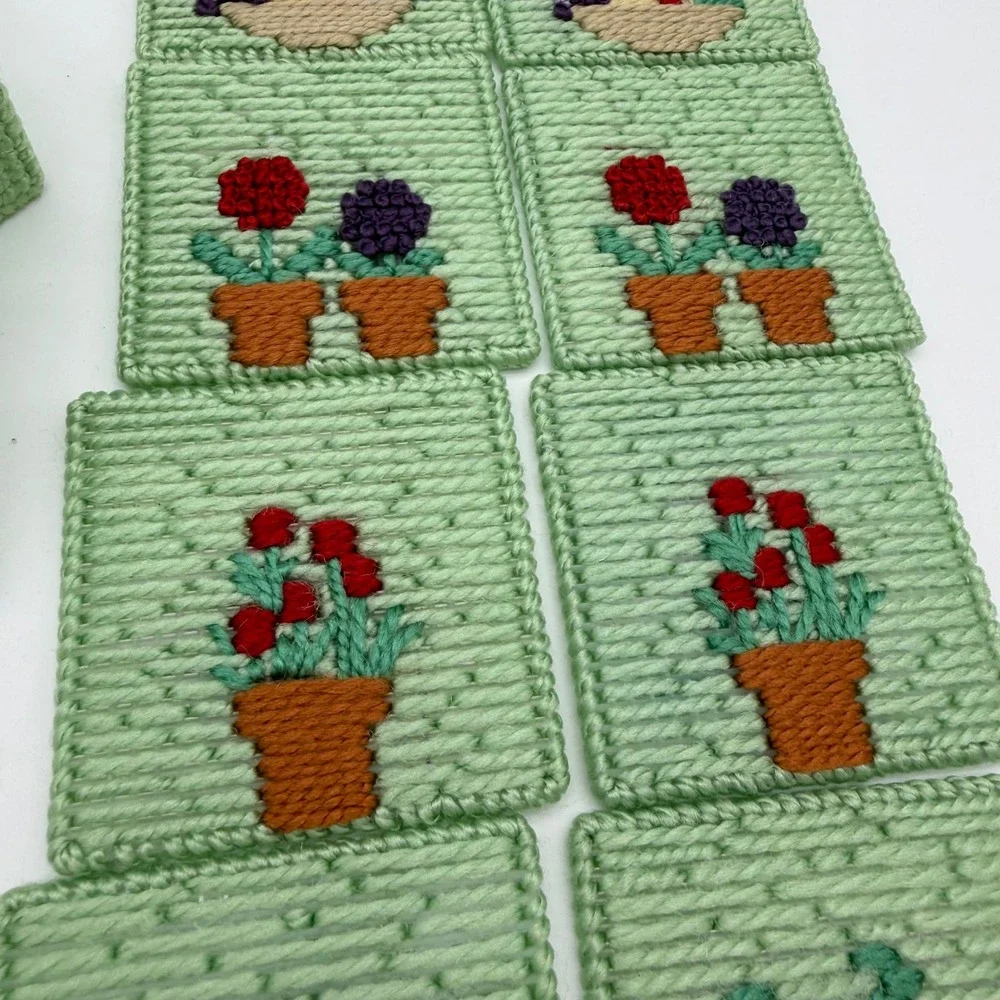 Handmade Needlepoint Coaster Set with Box 8pc Mint Green Floral‎ Vintage 4x4
